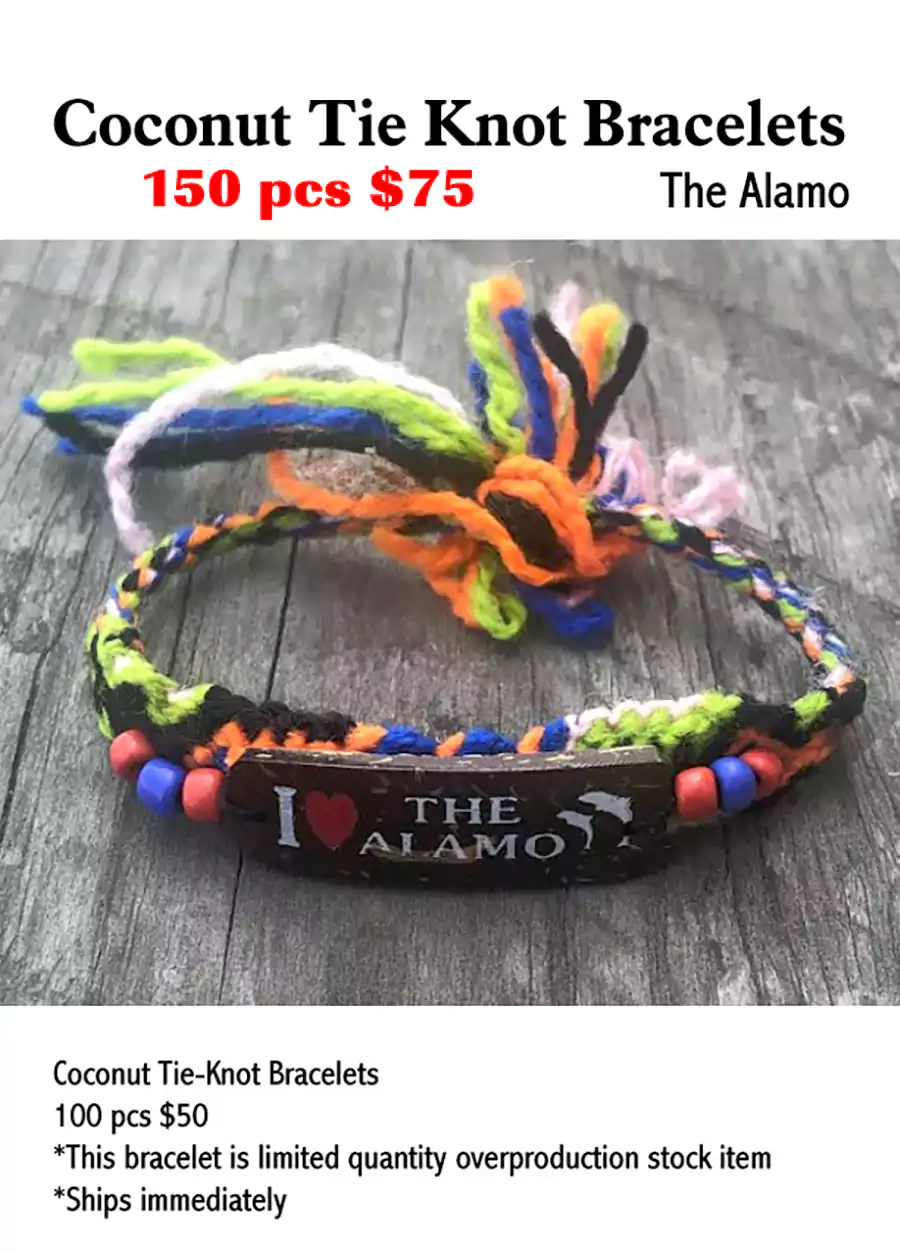 Coconut Tie Knot Bracelets-The Alamo - Closeout 150 Pcs.